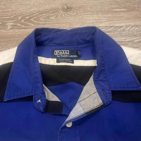 Vintage Polo Ralph Lauren Stripe workshirt long sleeve button up XL blue & black - Picture 5 of 6